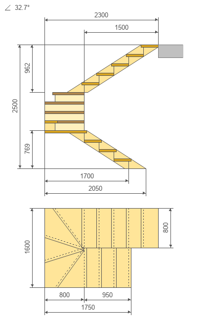Лестница на монокосоуре на второй этаж с поворотом на 180 градусов Solo Classic (проект №29)